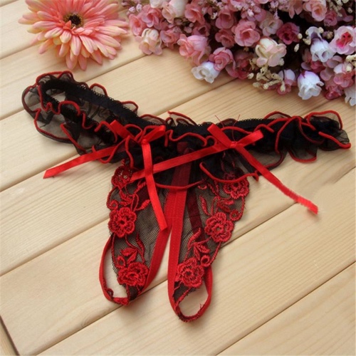 Floral Crotchless Panties - Red