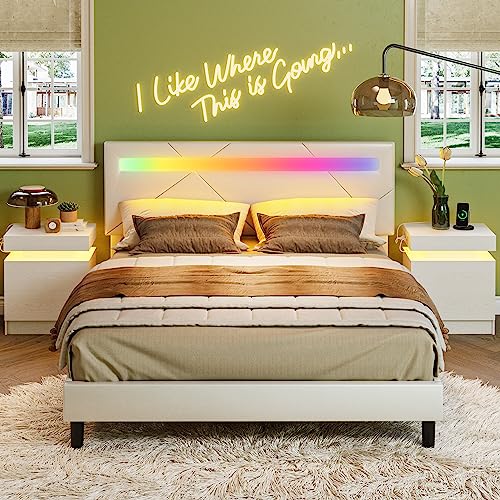 LIKIMIO Queen Bed Frame with LED Lights, Modern PU Leather Upholstered Platform Bed with Headboard, No Box Spring Needed/Noise-Free/Easy Assembly, White - Queen
