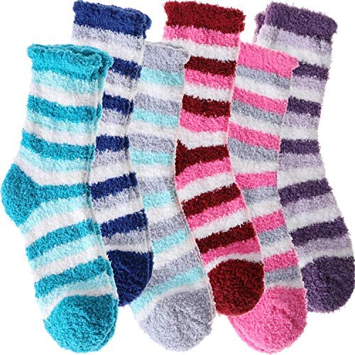 ANTSANG Womens Fuzzy Socks Slipper Winter Fluffy Comfy Cozy Socks Cabin Warm Home Socks - Dark Stripes (6 Pairs)