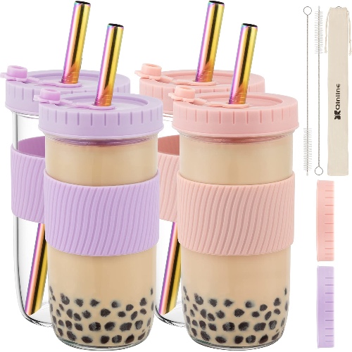 Reusable Boba Cup Bubble Tea Cup 4 Pack, 24Oz Wide Mouth Smoothie Cups with Lid, Silicone Sleeve & Wide Straws, Leakproof Glass Drinking Water Bottle Travel Tumbler Jar for Large Pearl Valentine Gifts - Rose Pink & Light Purple