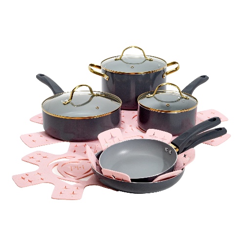 Paris Hilton Epic Nonstick Pots and Pans Set, Multi-layer Nonstick Coating, Tempered Glass Lids, Soft Touch, Stay Cool Handles, Made without PFOA, Dishwasher Safe Cookware Set, 12-Piece, Charcoal Gray - 12-Piece Epic 12-Piece Set with Glass Lid Gray
