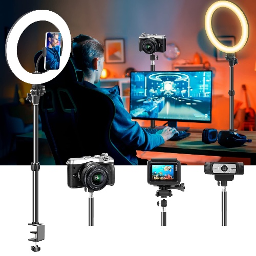 Computer Streaming Ring Light with Desk Mount Stand for Video Conferencing Recording/Zoom Meeting/Calls/Makeup-12''LED Desktop Circle Lighting with Clamp Stand&Phone Holder for Phone/Webcam/Camera - Black