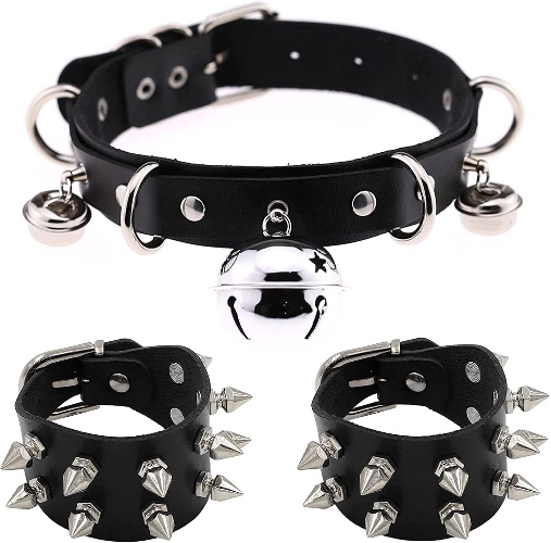 Ulekuke 3Pcs Punk Leather Chokers and Bracelets Jewelry Set Gothic Choker for Women Teen Girls Costume Goth Accessory Adjustable Collar Choker Cosplayer - Bell+2 Row Studded