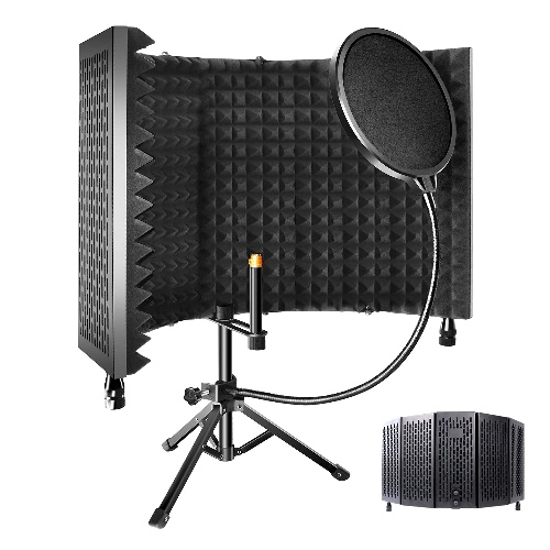 ZOSTA Studio Recording Microphone Isolation Shield with Tripod Stand and Pop Filter, High Density Absorbent Foam to Filter Vocal, Foldable Sound Shield for Most Condenser Mic Recording Equipment - with Tripod Stand