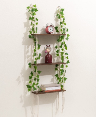 WOOD MEETS COLOR 3 Tier Macrame Wall Hanging Shelves with Artificial Ivy Leaves,Boho Room Decor Handmade Cotton Rope,Wooden Hanging Storage Floating Shelves for Small Plants,Living Room Bedroom - 3 tiers