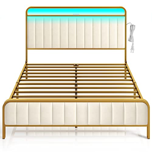 Rolanstar Bed Frame Queen Size with Charging Station and LED Lights, Upholstered Velvet Bed with Headboard Footboard, Heavy Duty Metal Slat, No Box Spring Need, Noise Free, Easy Assembly, Golden Color - Queen