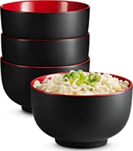 Kook Ceramic Japanese Noodle Bowl Set, Large Capacity, For Ramen, Udon, Soba, Pho and Soup, Microwave and Dishwasher Safe, 34 oz, Black/ Red, Set of 4 - Black