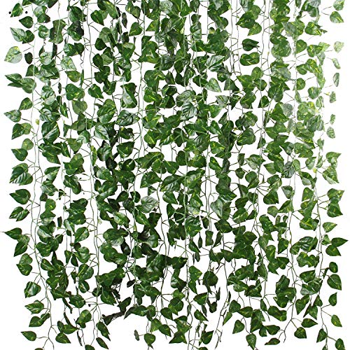 Flojery 78Ft 12pcs Silk Artificial Ivy Vine Hanging Leaves Plant Greenery Decor Party Home Garden Wedding Wall Decor (Scindapsus) - Scindapsus