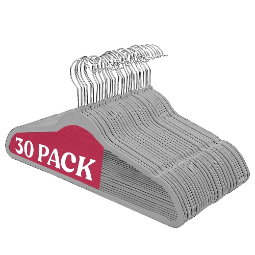 Non Slip Velvet Clothing Heavy Duty Hangers with 360 Degree Rotatable Hook - 30- Pack / Grey