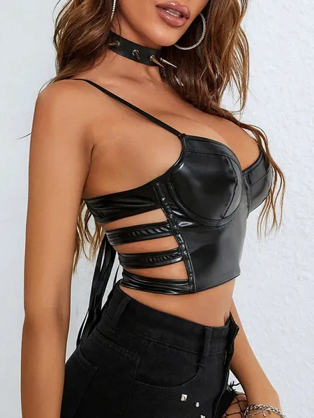 Apperloth A Gotisch Cami Top mit Ausschnitt, Öse, Band, Vollbusiger, PU Leder