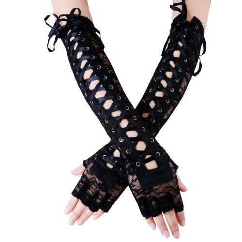 JISEN Womens Fingerless Gloves Elbow Lace Up steampunk Costume Arm Warmer