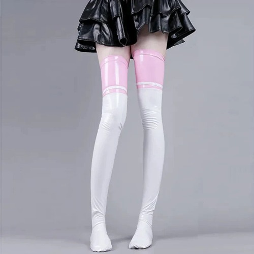 Latex Paw Thigh High Stockings - White & Pink