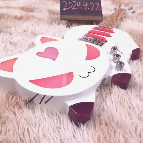 Cute White Cat 6-String Electric Guitar Rosewood Fretboard, Colored Lights