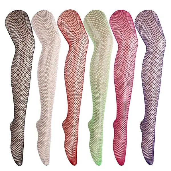 DRESHOW 6 Pack Fishnet Garter Belt Stocking Suspender Pantyhose Tights Thigh High Pantyhose - One Size - Zb 6 Pair E: White, Purple, Deeppink, Red, Black, Green