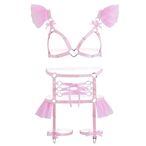 paloli Punk Gothic Full Cage Body Harness for Women | Elastic Strappy Hollow Ruffle Tutu Garter Belts Waist Set - Pink