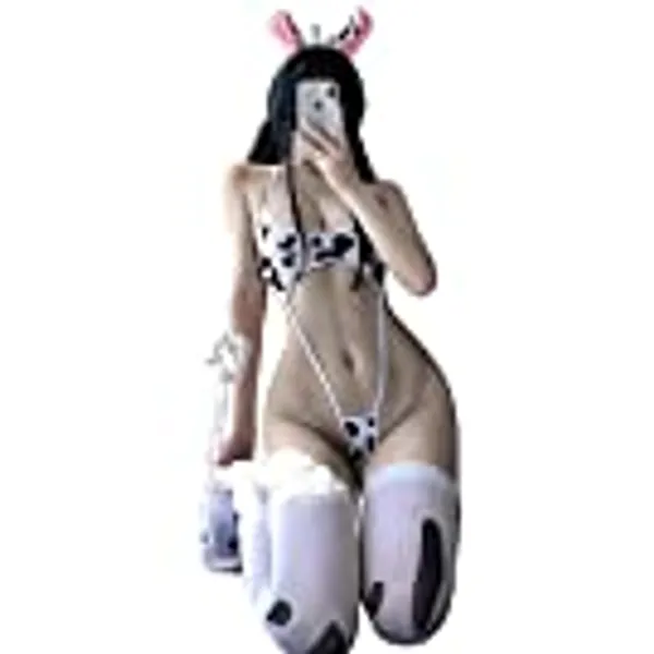 paloli Womens Anime Cow Cosplay Bikini Lolita Kawaii Bra and Panty Set Japanese Underwear White Stocking