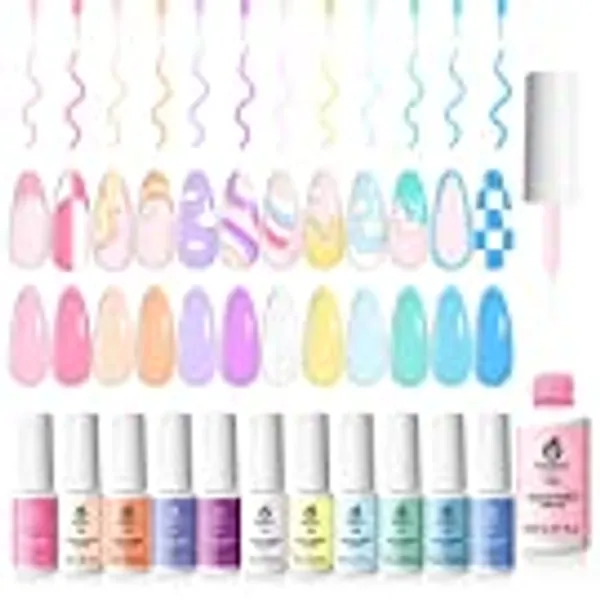 Beetles Gel Polish Nail Art Gel Liner Set-12 Colors Unicorn Dreamy Pastel Gel Art Paint for Swirl Nails Paradise Girly Color Built Thin Nail Art Brush in Bottle Gel Pen Soak Off Led Lamp Nail Art Gel Easter Decoration Gift