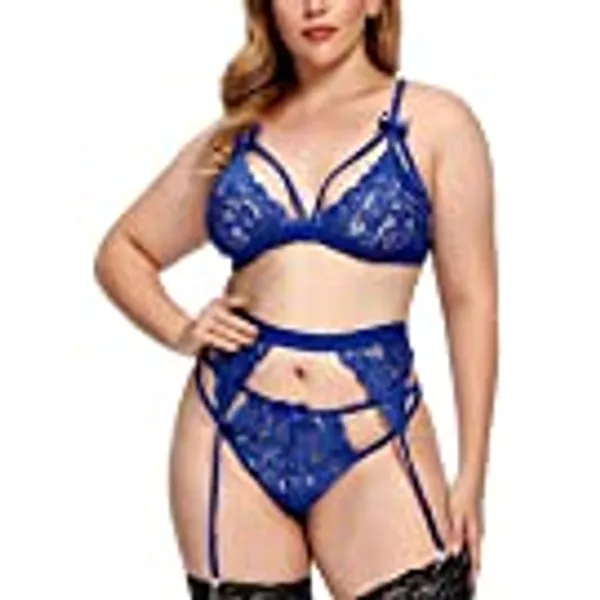 Women Plus Size Lingerie - Sexy Bow Lace Bodysuit Exotic Strap Harness Bra Panty Garter Belt 3pcs Set