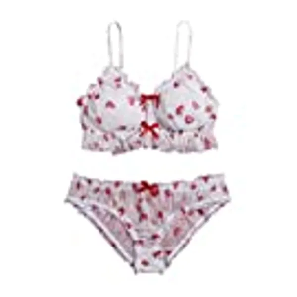 SOLY HUX Women's Plus Size Sexy Lingerie Strawberry Mesh Bra and Panty Valentines Gift Lingerie for Women