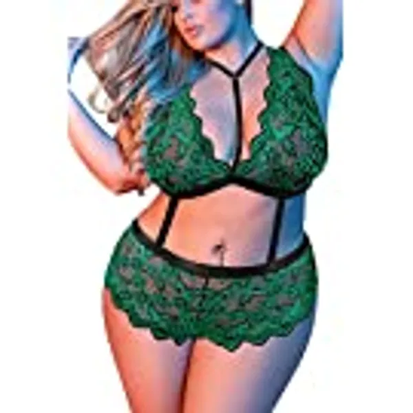 EVELUST Plus Size Lingerie Set for Women, Sexy Choker Lace Scallop Bralettes & High Waisted Panties One Piece Teddy Bodysuit