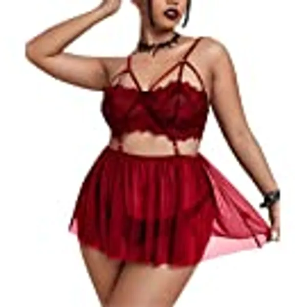 Women's Sexy Plus Size Lingerie Sheer Lace Babydoll Strappy Exotic Sleepwear Eyelash Split Cup Chemise XL-4XL