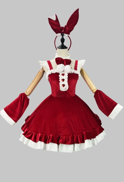 Plus Size Kawaii Maid Costume Red Velvet Bunny Ear Maid Dress Outfits