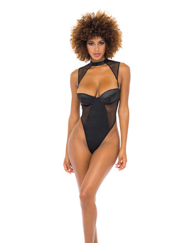 Josephine High Leg Teddy W/removable Fishnet Collared Harness Black - Small