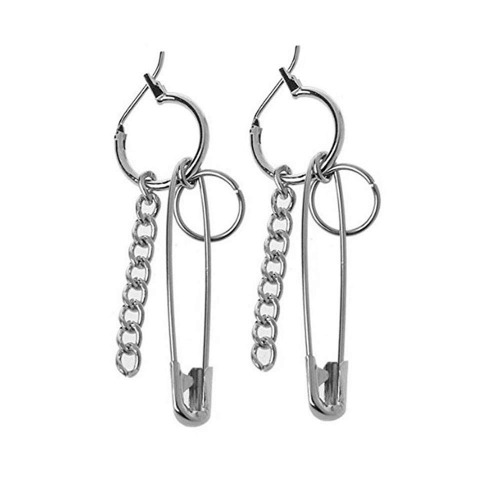 Safety Pin Chain Tassels Dangle Earrings Punk Silver Pin Dangle Earring with Hoop Jewelry for Men and Women - 