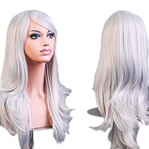 28" Women Hair Wig Long Big Wavy Hair Wig Cosplay Party Costume (Silvery White) - Silvery White