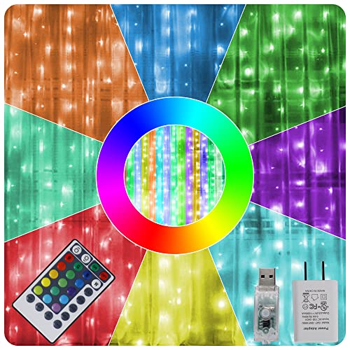 HOME LIGHTING Window Curtain String Lights, 300 LED RGB 16 Colors Changing Fairy Lights, 4 Modes with Remote, USB & Adapter Powered for Halloween Christmas Party Wedding Home Garden Wall Decorations - RGB 16 Colors Changing