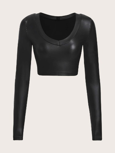 SHEIN ICON Solid PU Leather Crop Top