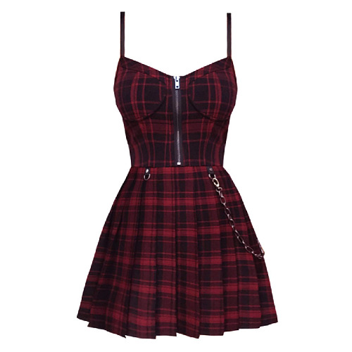 Gothic Girls Plaid Pleated Punk Dress Preppy Style Red Black Spaghetti Strap Sexy Sleeveless Mini Short Dresses - Red Plaid X-Small