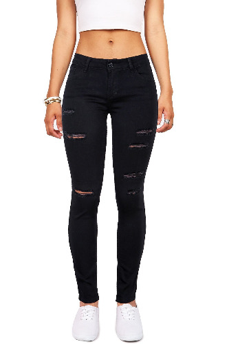 Wax Women's Juniors Mid-Rise Skinny Jegging Jeans w Distressing - 3 Black