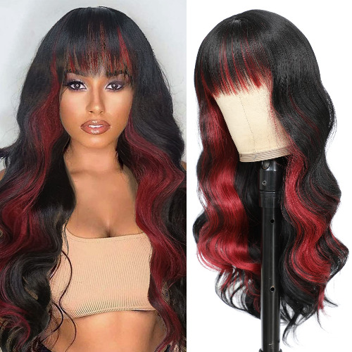 26" Skunk Stripe Body Wave Long Wavy Synthetic Hair Wig for Women Middle Part Wig Highlight Synthetic Wig With Bangs Natural Looking Realistic Wig for Daily Party Cosplay Use ( Mixed Red) - RED#