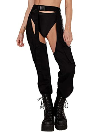 Women Buckles Bottomless Pants High Waist Cargo Trousers Crothchless Color Block Boggy Trousers Long Rave Legging