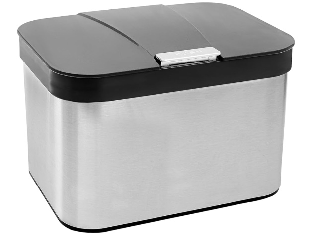 Belle Vous Kitchen Food Waste/Compost Bin - 4.3L / 1.14gal Kitchen Countertop Caddy - 25 x 17cm/9.84 x 6.69 Inches - Black/Silver Plastic and Stainless Steel Compost/Waste Container with Lid