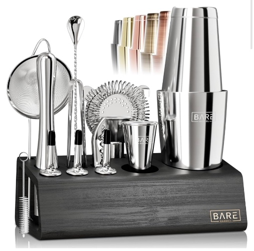 BARE BARREL® Cocktail Making Kit | 14-Piece Bartender Kit Cocktail Shaker Set Maker | Bamboo Display Stand & 35 Recipe Cards | Mixology Cocktail Gift Set (800ml/28oz Boston Shaker, Silver/Black)