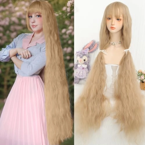 AOSIWIG 44 Inch Extra Long Curly Cosplay Wig,Linen Brown Cosplay Wig With Bangs Synthetic Long Curly Brown Lolita Wig,Halloween Wig,Heat resistant wig For Women Party Daily Use(linen brown)