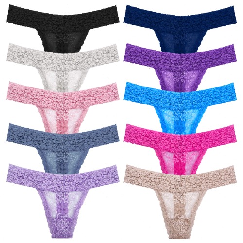 WKFIINM Pack 6 High Waisted Lace Thong for Women Cotton Underwear Plus Size High Rise Retro Tummy Control Thongs Panties - Assort 10 Lace a - Medium