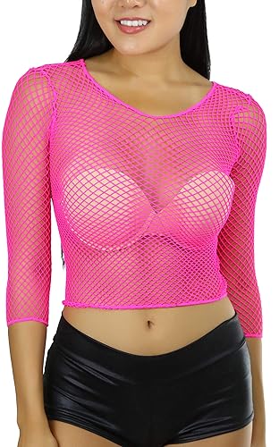 Fishnet Long Sleeve Top - One Size - Neon Pink