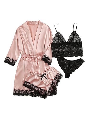 WDIRARA Women' Silk Satin Pajamas Set 4pcs Lingerie Floral Lace Cami Sleepwear with Robe - Small - Pink