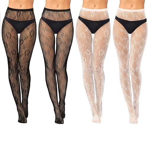 Jiuguva 4 Pack Women Lace Tights White Black Fishnet Stockings Floral Mesh Pantyhose Stockings Leggings Bow Patterned Tights for Women Halloween