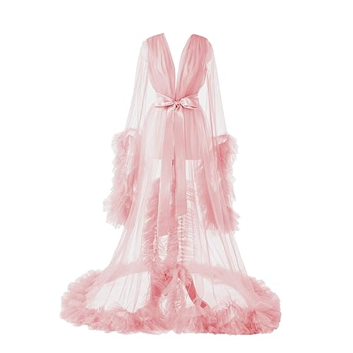 Tulle Lingerie Maternity Bathrobe Photoshoot Illusion Wedding Scarf Party Nightgown - Medium - C-pink