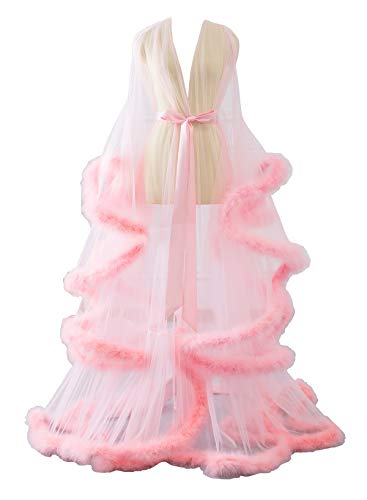 Sexy Feather Robe Long Fur Tulle Robe for Photoshoot Sheer Lingerie Bathrobe Sleepwear - Small-Medium - Blush