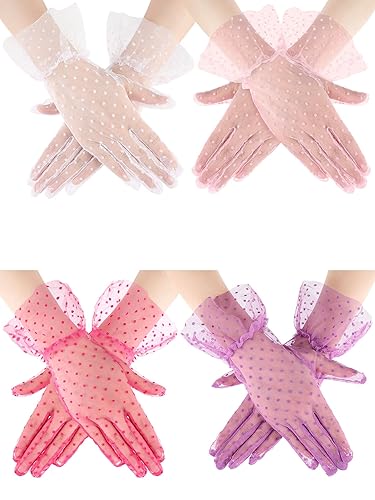 3 Pairs Ladies Lace Gloves Women Elegant Short Gloves Wrist Length Floral Gloves for Dinner Wedding Tea Party - White Bright Style
