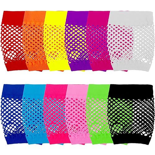 12 Pairs Fingerless Fishnet Neon Gloves for Women 80s 90s Fishnet Gloves Short Net Mesh Fingerless Gloves Assorted Neon Colors Halloween Party Costume Cosplay Accessories