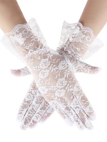 Lace Gloves for Women Tea Party Elegant Short Courtesy Gloves for Wedding Dinner Opera Parties - White