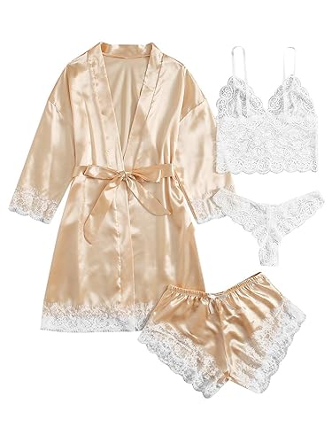WDIRARA Women' Silk Satin Pajamas Set 4pcs Lingerie Floral Lace Cami Sleepwear with Robe - Small - Champagne and White