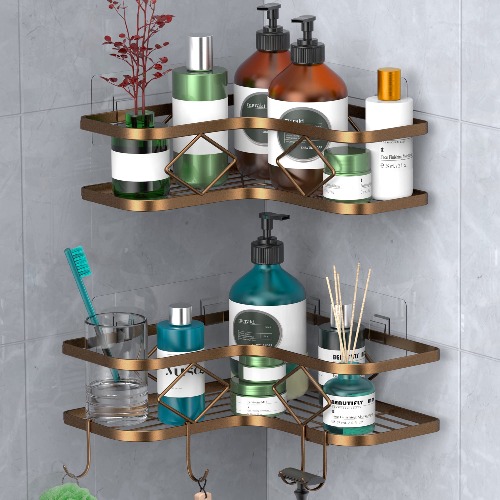 Kadolina 2 Pack Adhesive Corner Shower Caddy Shelf, Bathroom Shower Organizer Shelves, No Drilling Rustproof Wall Mounted Shower Storage Basket Shampoo Holder Organizer (Bronze)