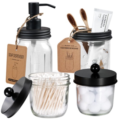 Mason Jar Bathroom Accessories Set(4 Pcs) -Lotion Soap Dispenser &Cotton Swab Holder Set &Toothbrush Holder-Rustic Farmhouse Decor Apothecary Jars Vanity Organizer-Rustic Farmhouse Decor (Black)
